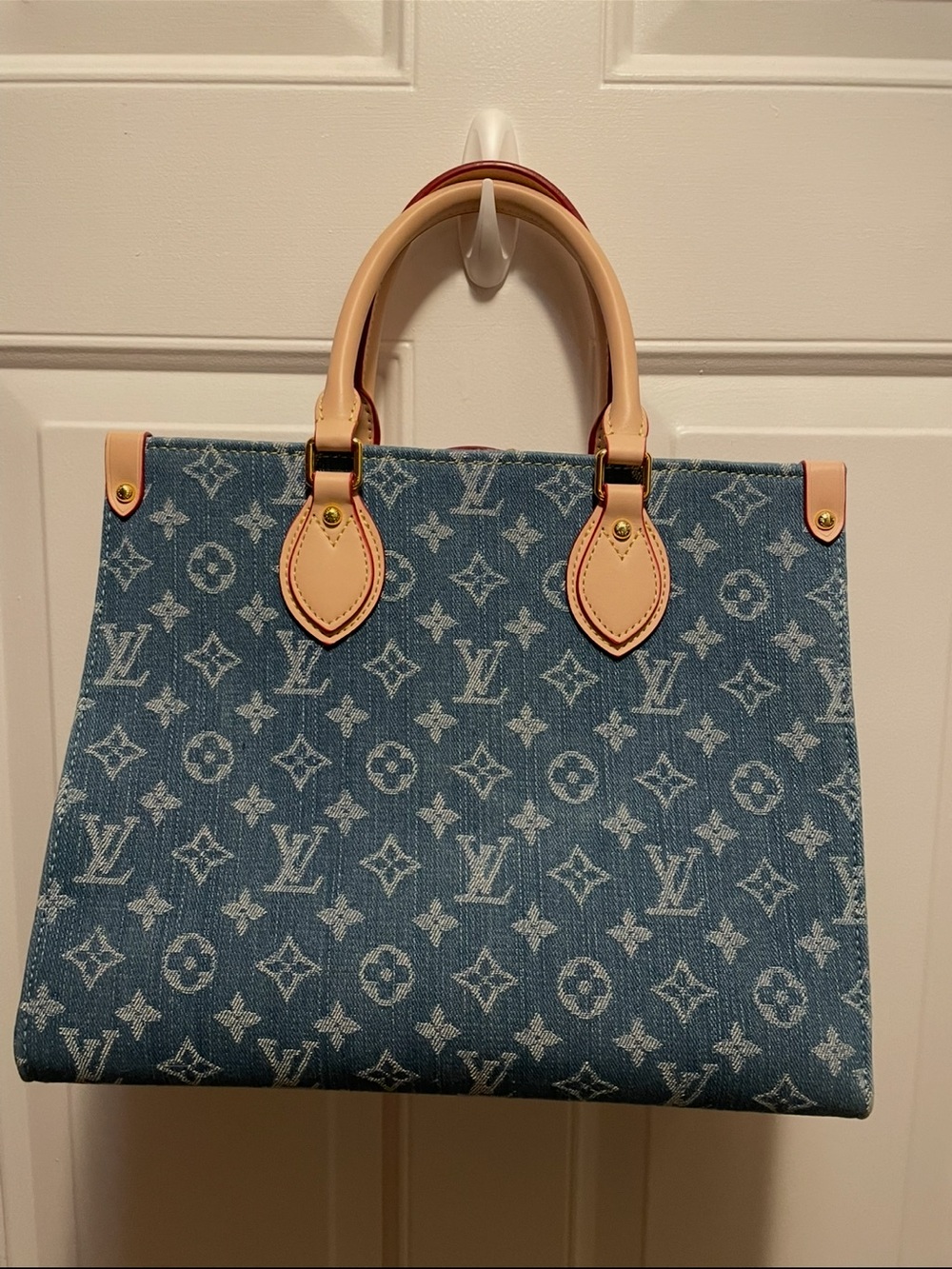 FASHION  Blue denim Monogram Tote with Natural Leather Handles